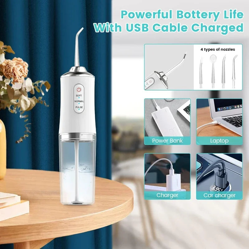 Portable Dental Water Flosser Oral Irrigator USB Rechargeable Water Floss Jet Tooth Pick 4 Tips 220ml Mouth washing machine - All Seasons Gifting
