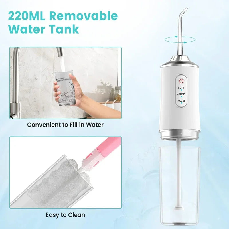 Portable Dental Water Flosser Oral Irrigator USB Rechargeable Water Floss Jet Tooth Pick 4 Tips 220ml Mouth washing machine - All Seasons Gifting